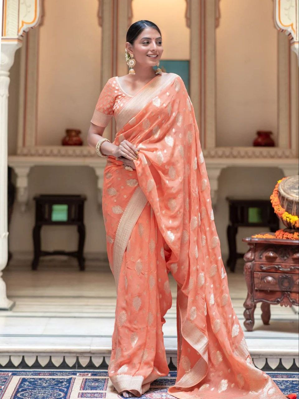 Women's Orange Designer Banarasi Saree mahezon