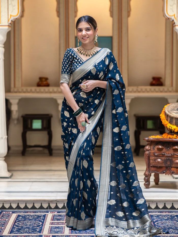 Women's Blue Designer Banarasi Saree mahezon