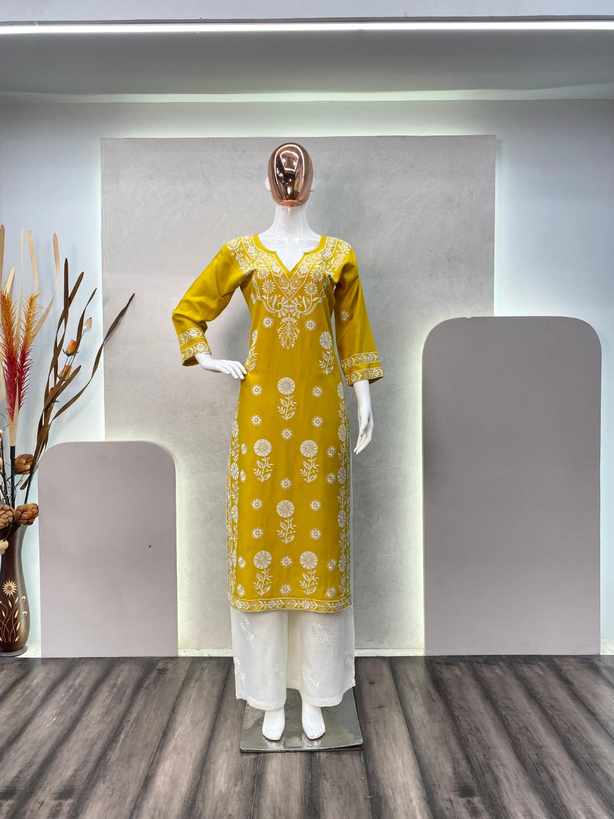 Women's Yellow Embroidery Kurti Plazo Set Party wear mahezon