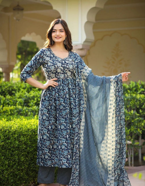 Load image into Gallery viewer, Women&#39;s Embroidery Blue Kurti Pant set with Dupatta mahezon
