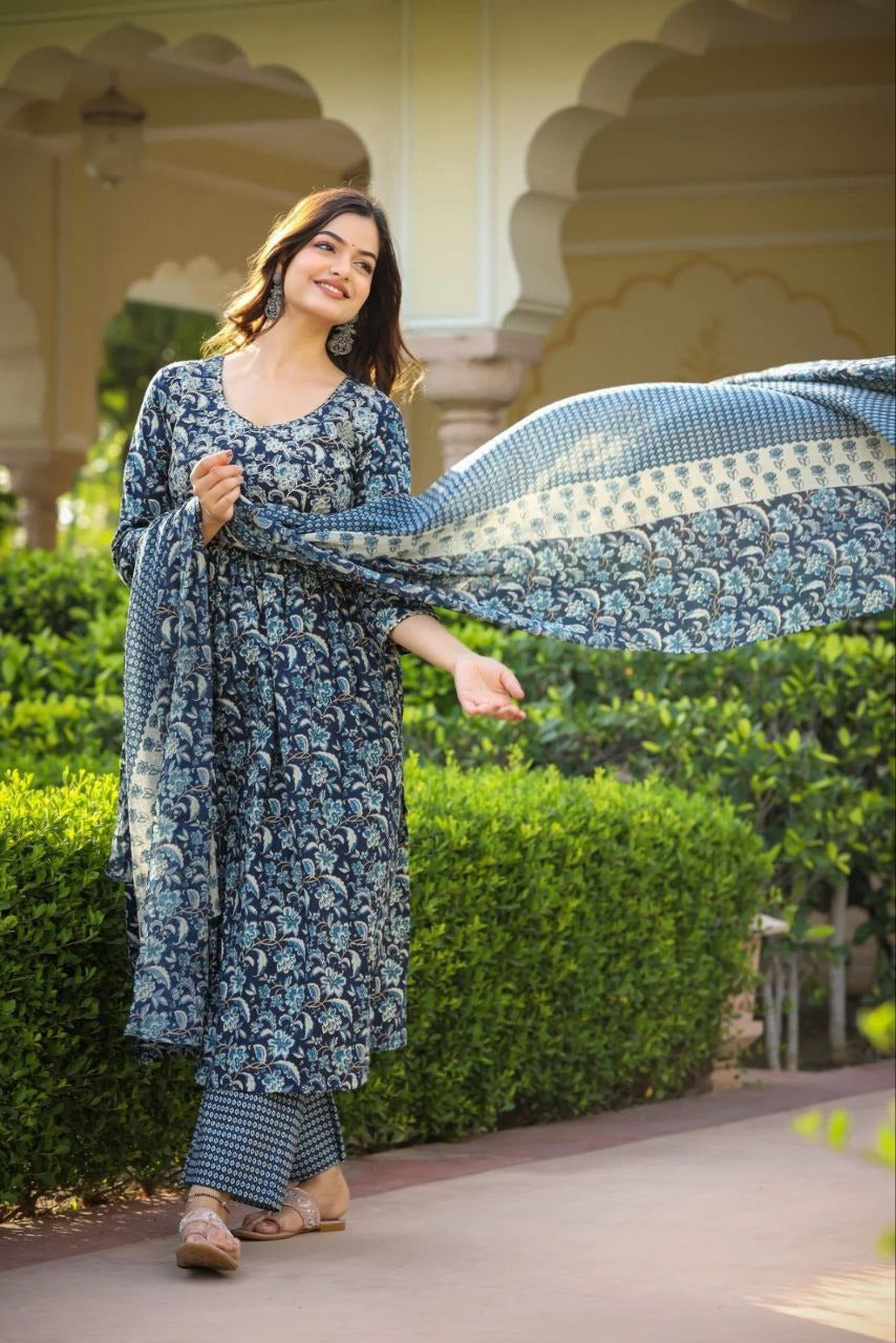 Women's Embroidery Blue Kurti Pant set with Dupatta mahezon