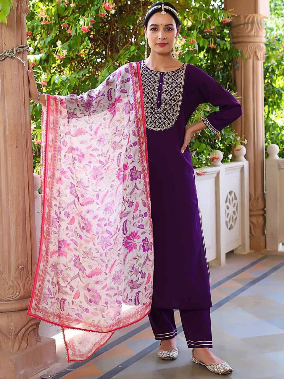 Women's Purple Kurti Pant with Dupatta set mahezon