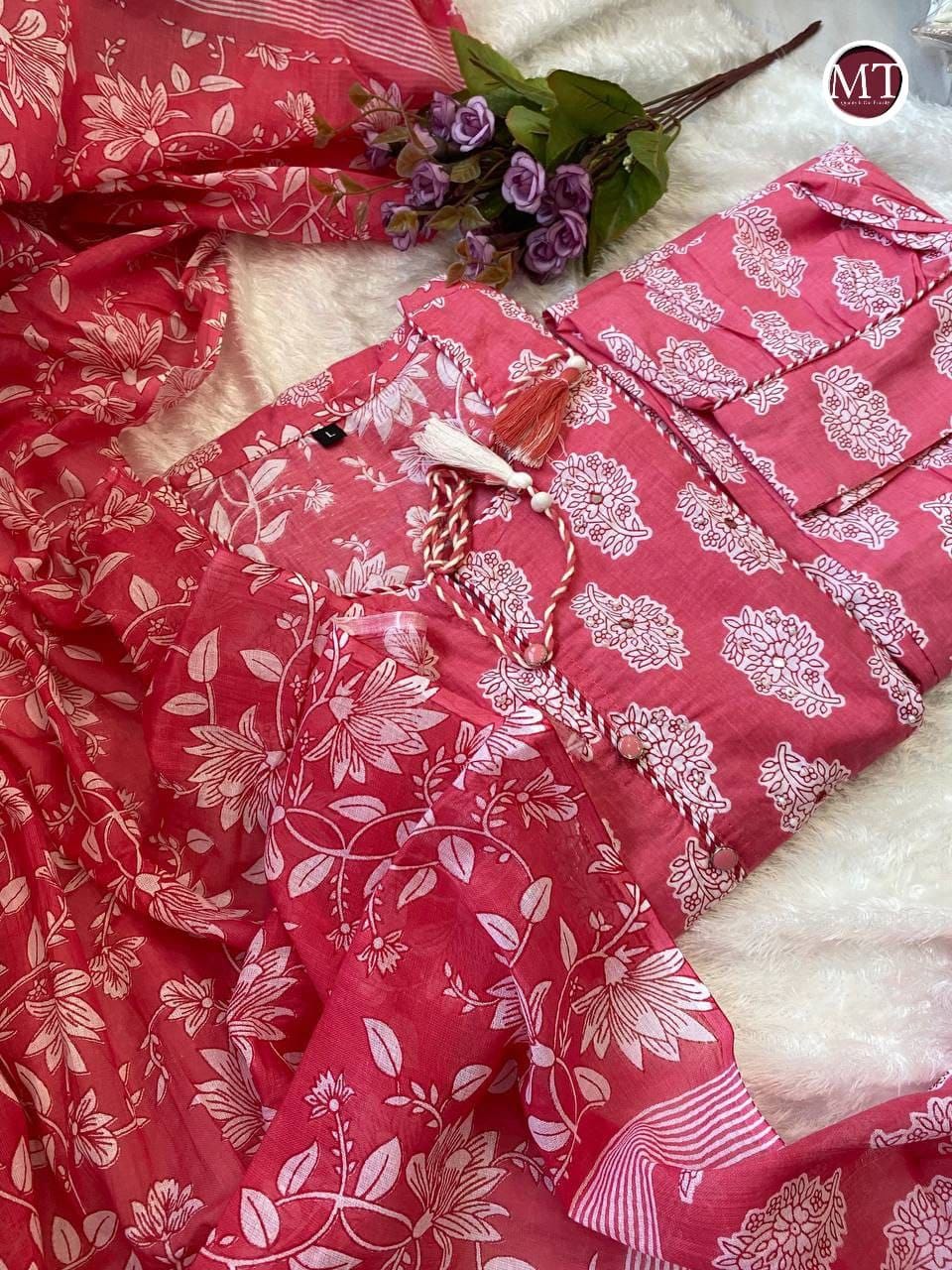 Women's Pure Cotton Pink Kurti Pant set with Dupatta mahezon