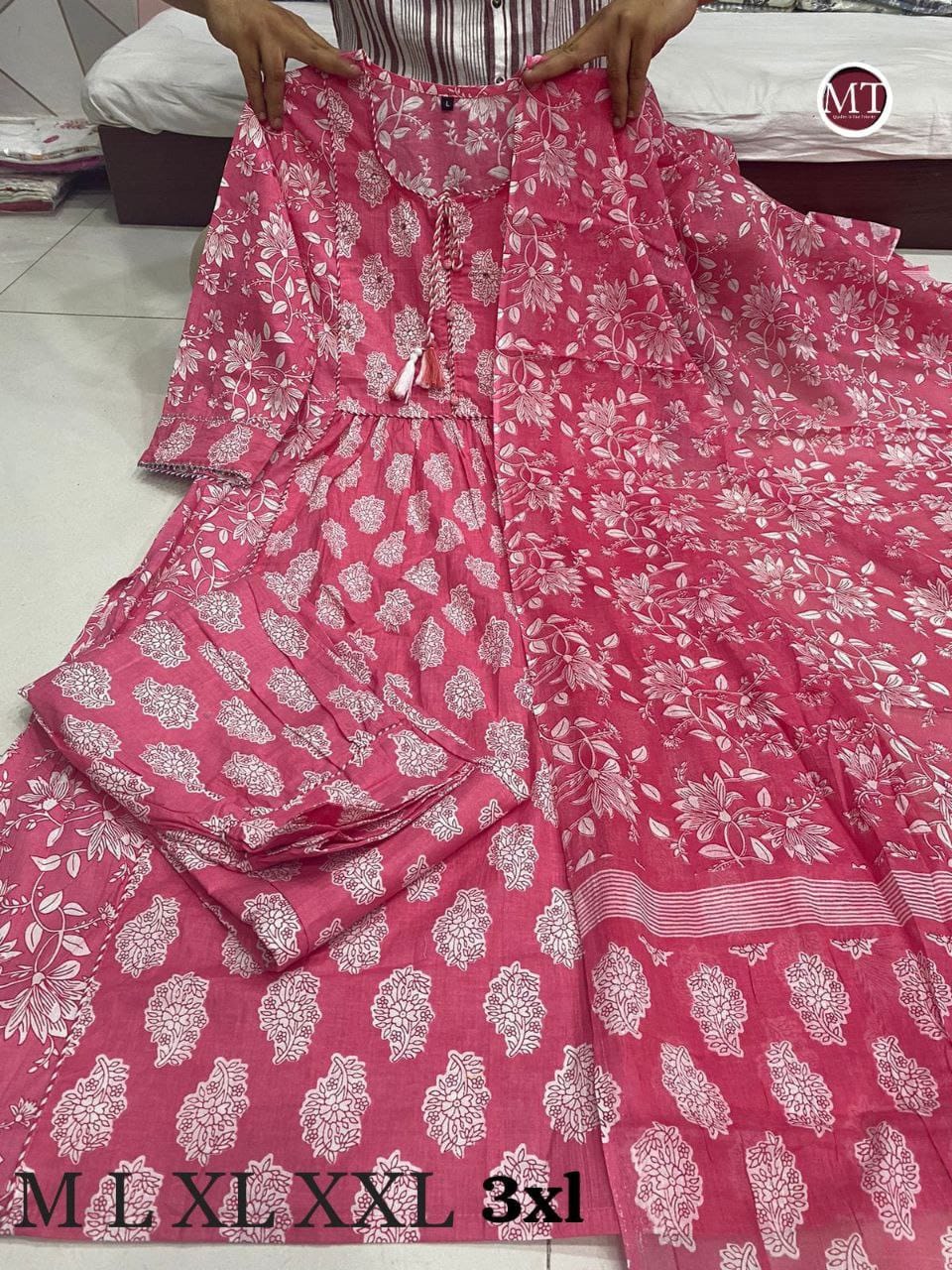 Women's Pure Cotton Pink Kurti Pant set with Dupatta mahezon