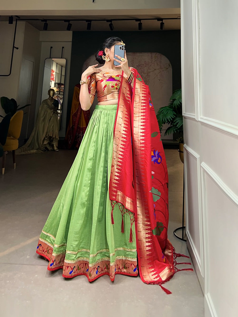 Palkhi Fashion - Stunning Sage Green Lehenga Choli With Silk Dupatta 🔷  READY TO SHIP!!! 🔷 Shop online: palkhifashion.com 🔷 Shop in-store: 9412  Hwy 6s Houston 77083 🔷 Shop via video call Whatsapp: (832)243-6842 |  Facebook