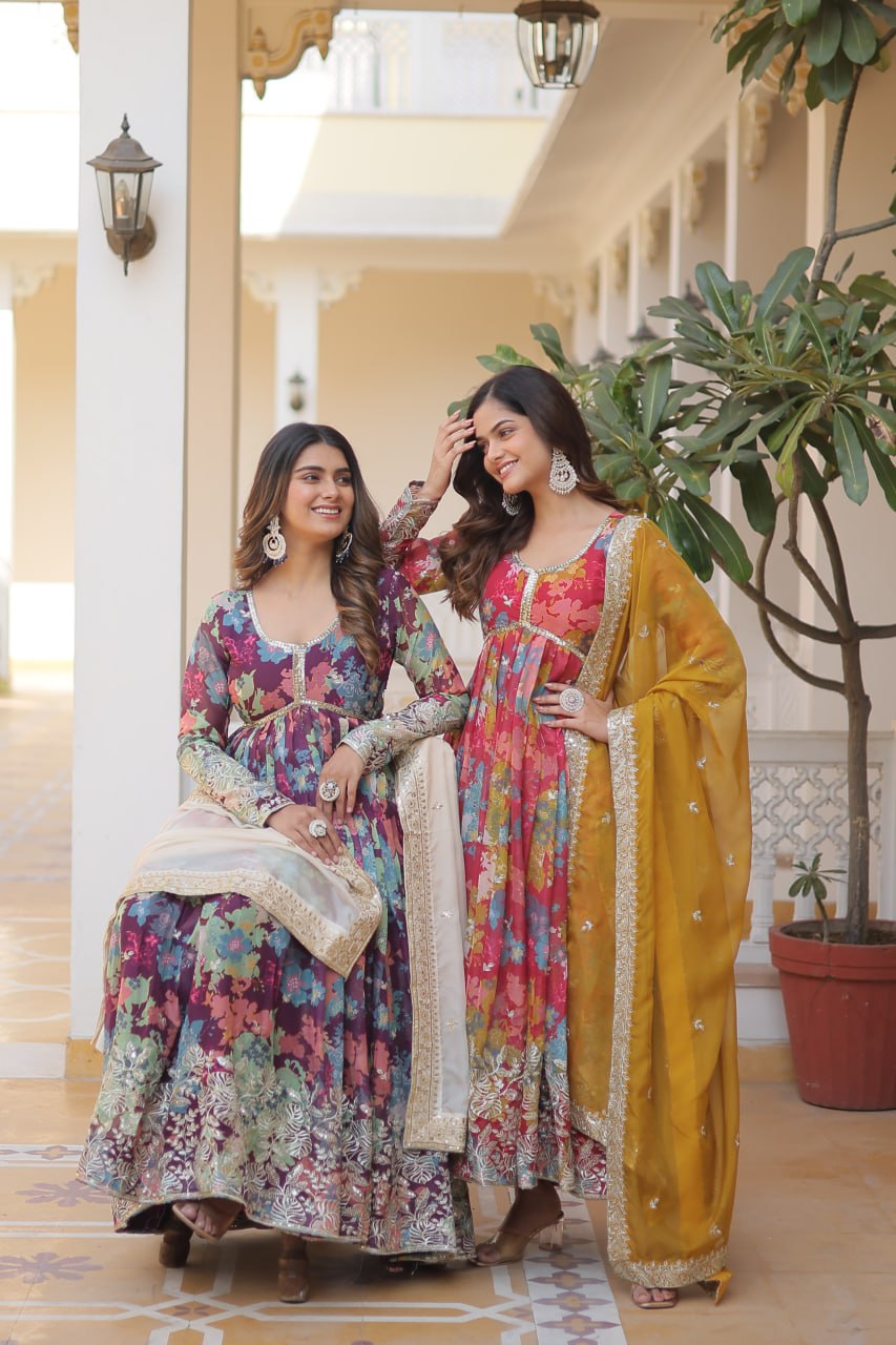 Women's Fancy Embroidery Alia Kurti Pant set with Dupatta Suit mahezon