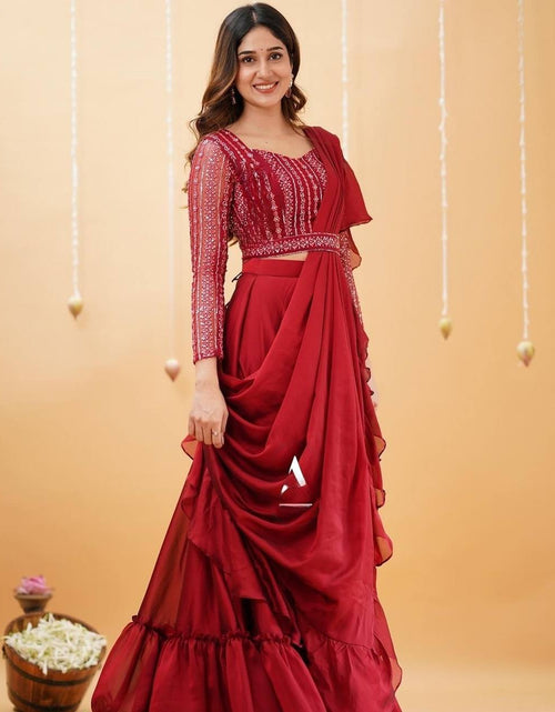 Buy Designer Sarees, Salwar Kameez, Kurtis & Tunic and Lehenga Choli.Gorgeous  Red & Cream Lehenga Saree