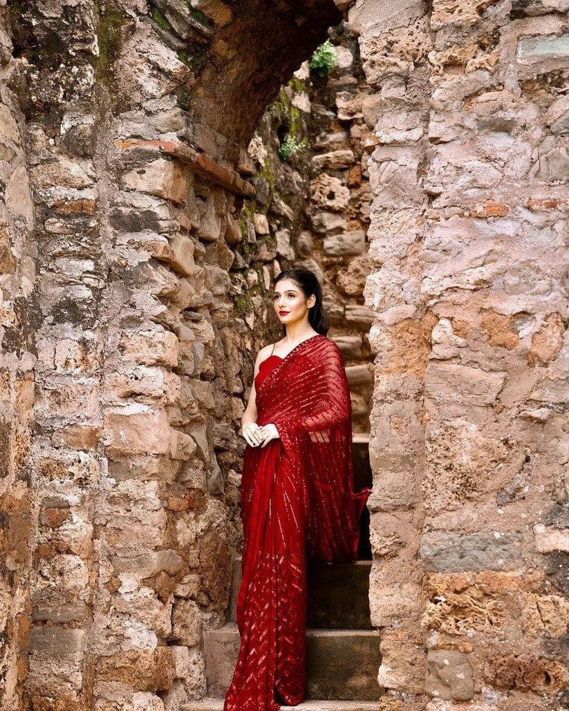 Red Fancy Party wear Women Sari mahezon