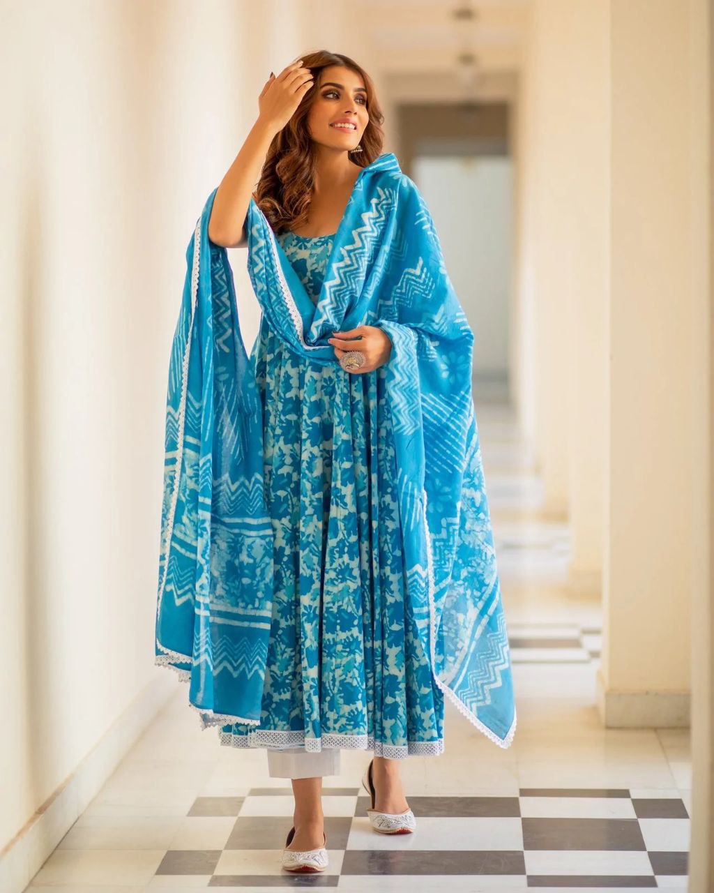 Blue Floral Cotton Women Kurti Pant with Dupatta Suit mahezon