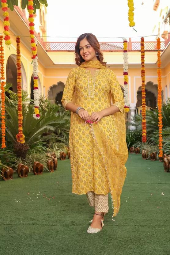 Yellow Pure Cotton Women Kurti Pant with Dupatta Suit mahezon