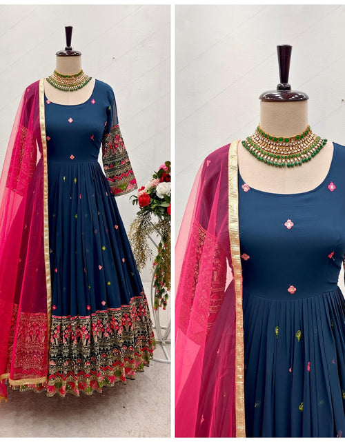 Load image into Gallery viewer, Blue Party wear Designer Gown Pant with Dupatta Suit mahezon
