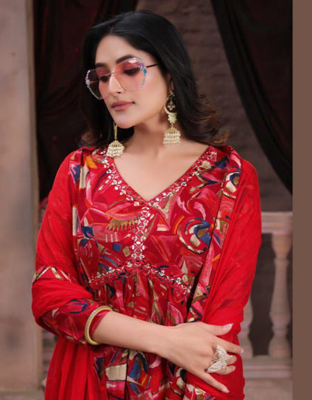 Red Party wear Women Kurti Pant Dupatta Suit – mahezon