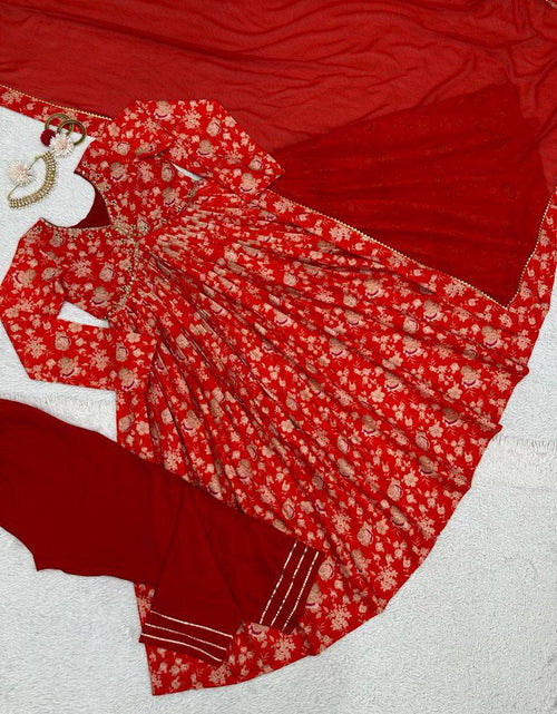 Load image into Gallery viewer, Red Party wear Kurti Pant Dupatta Suit mahezon
