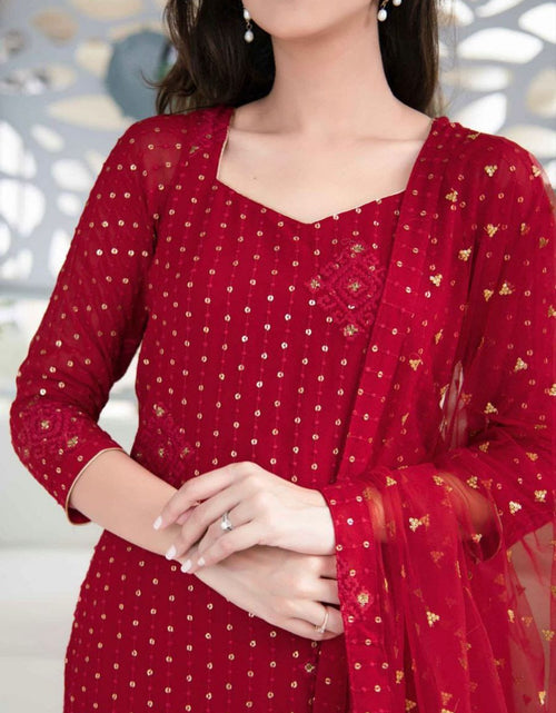 Load image into Gallery viewer, Red Embroidery Sequence Kurti Plazo Dupatta Suit mahezon
