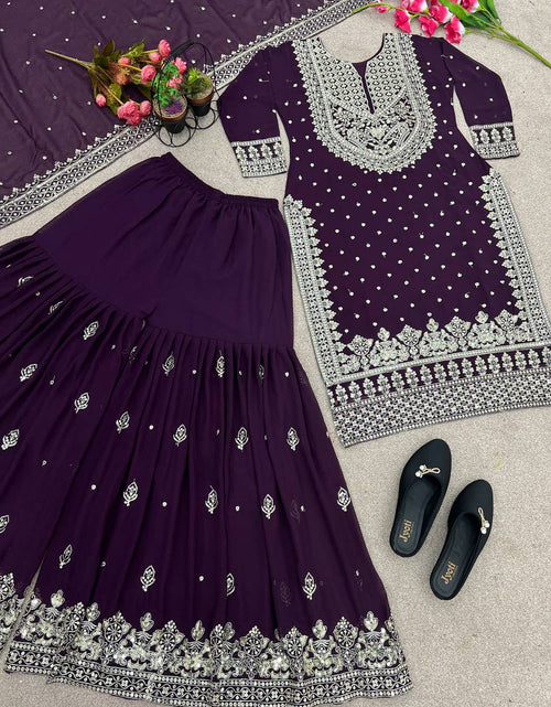 Load image into Gallery viewer, Party wear Heavy Embroidery Sequence Work Top Gharara And Dupatta Suit mahezon
