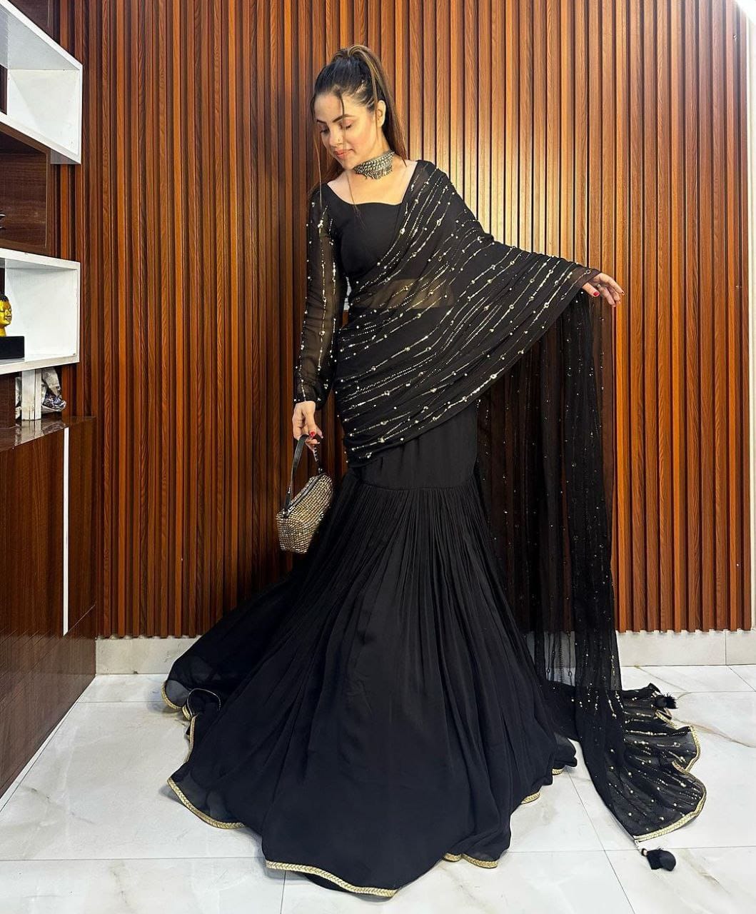 Party wear Ready to Wear Women's Lehenga Saree Black mahezon