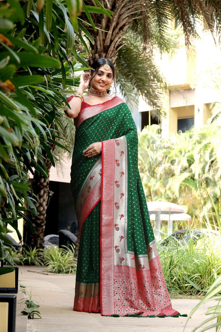 Party wear Soft Silk Women's Paithani Saree Green mahezon