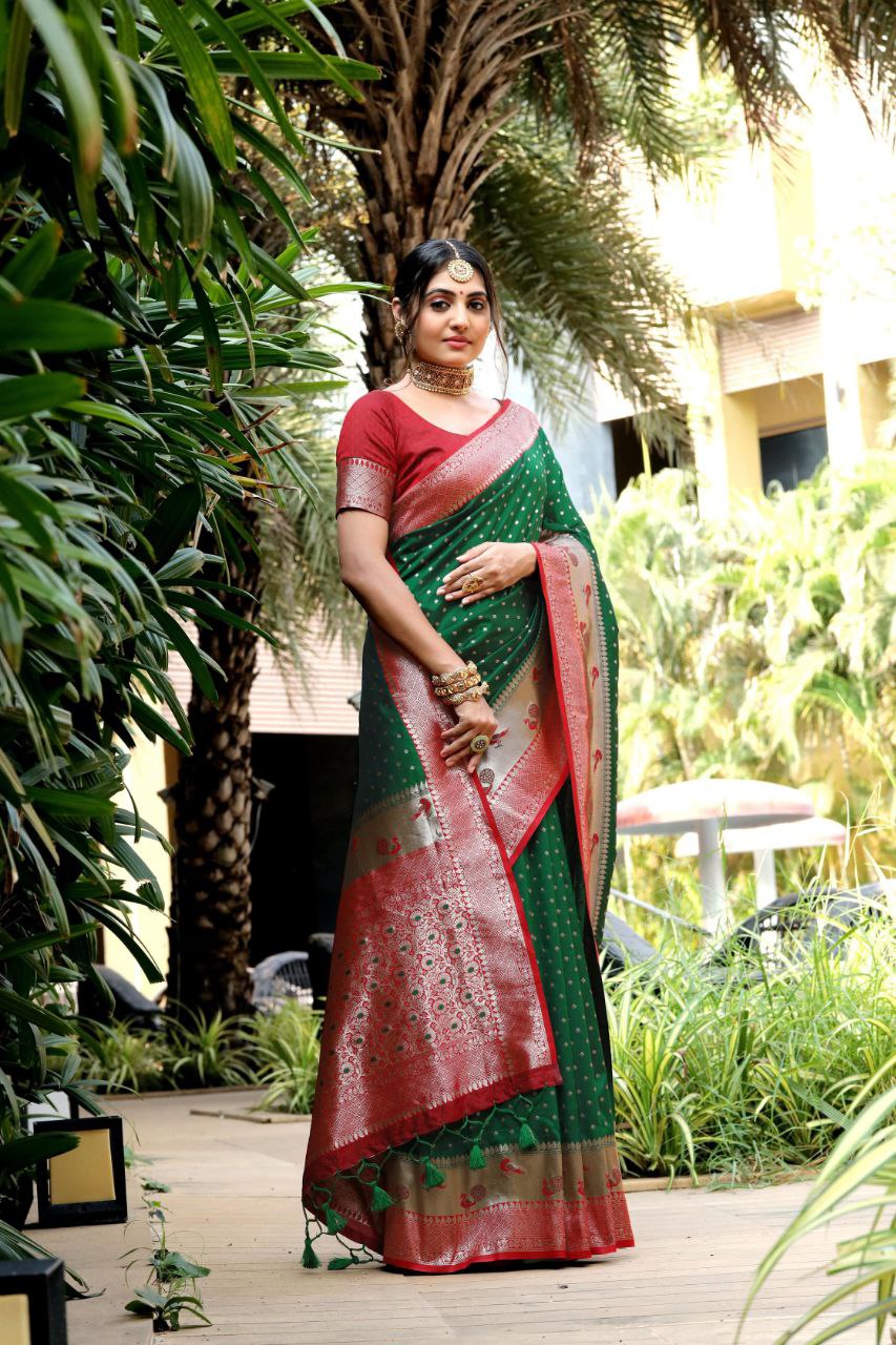 Party wear Soft Silk Women's Paithani Saree Green mahezon