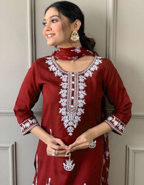 Load image into Gallery viewer, Embroidery Rayon 3 piece Women&#39;s Suit Maroon mahezon
