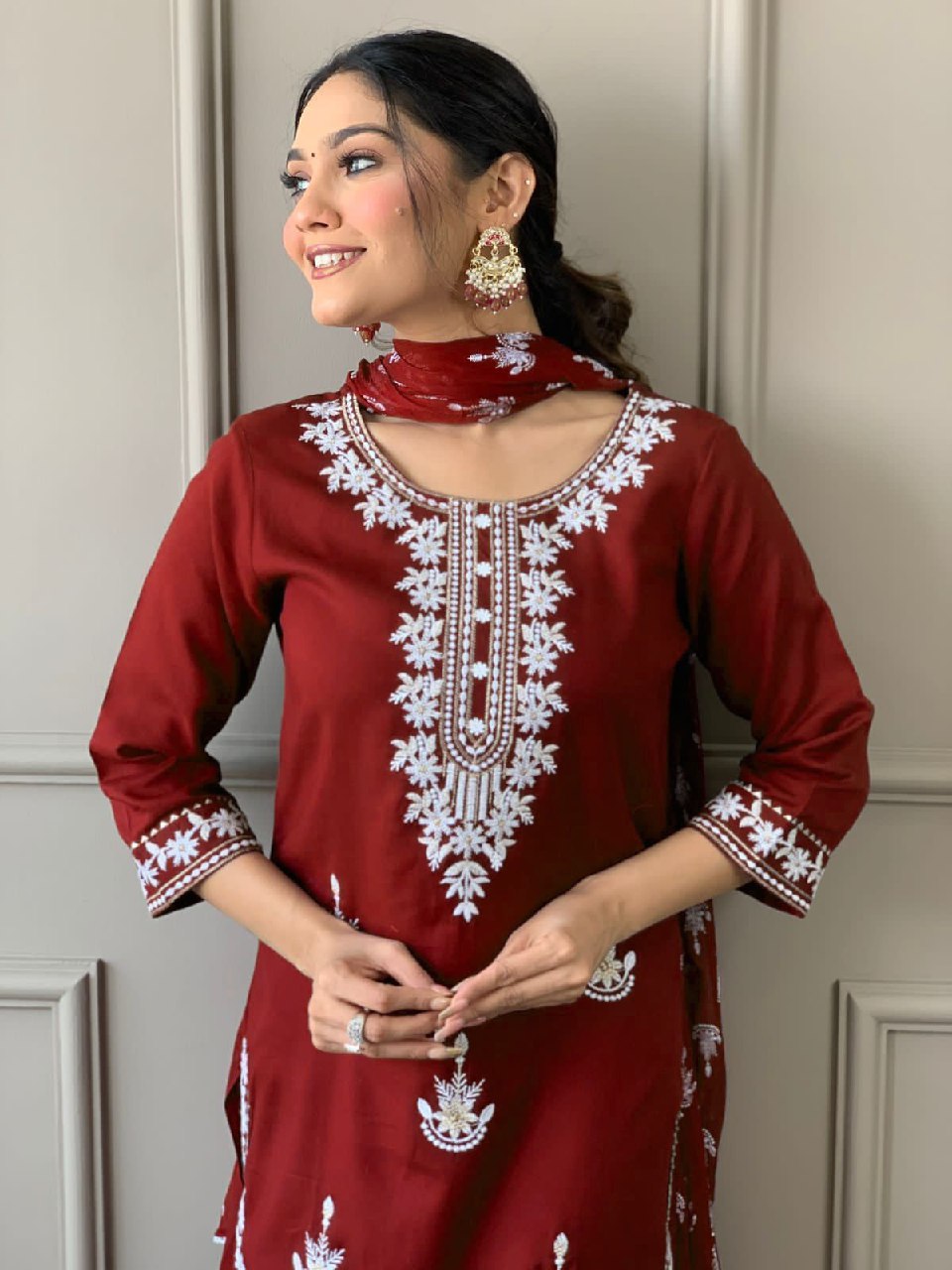 Embroidery Rayon 3 piece Women's Suit Maroon mahezon