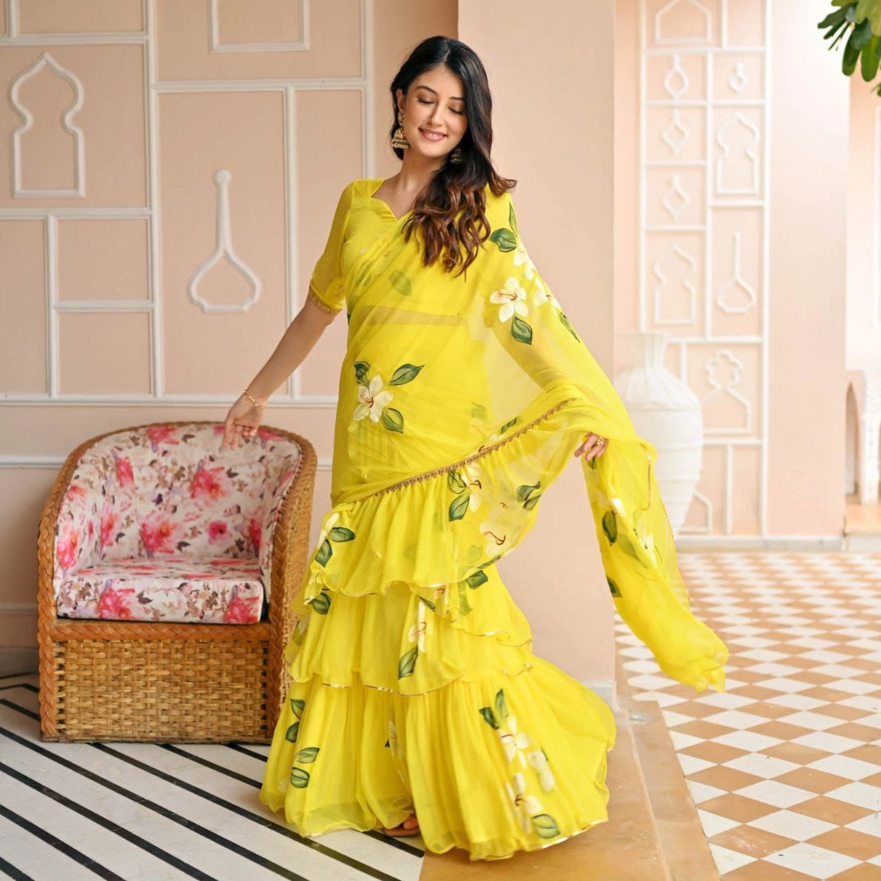 Party wear Floral Women's Lehenga Saree Yellow mahezon