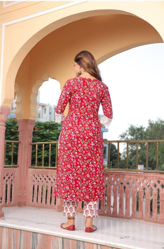 Cotton Designer Party Wear 3 Piece Women's Suit Red mahezon