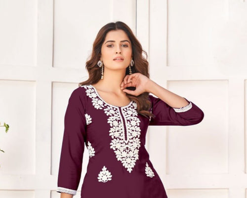 Load image into Gallery viewer, Chikankari Embroidery Party wear Women&#39;s Kurta Plazo Suit Wine mahezon
