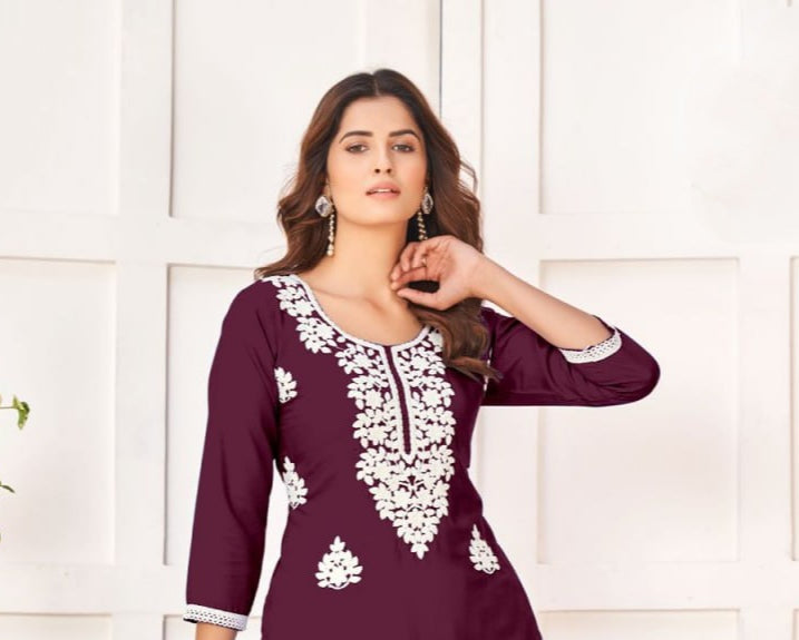 Chikankari Embroidery Party wear Women's Kurta Plazo Suit Wine mahezon