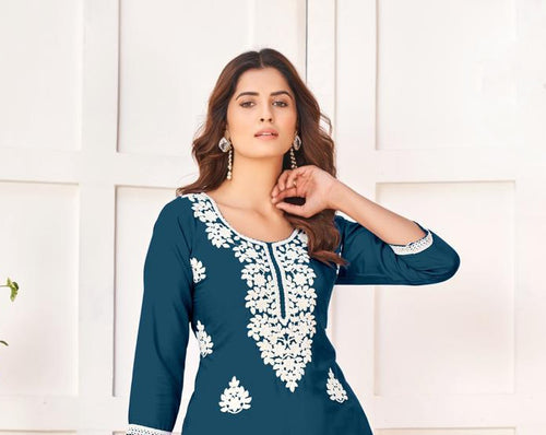 Load image into Gallery viewer, Chikankari Embroidery Party wear Women&#39;s Kurta Plazo Suit Blue mahezon
