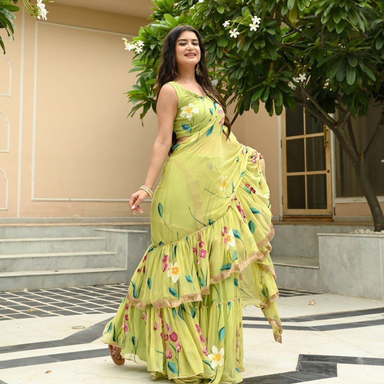 Party wear Floral Women's Lehenga Saree Green mahezon