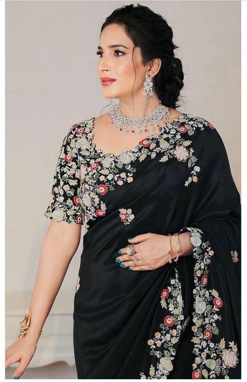 Heavy Embroidery Party wear Women's Saree Black mahezon