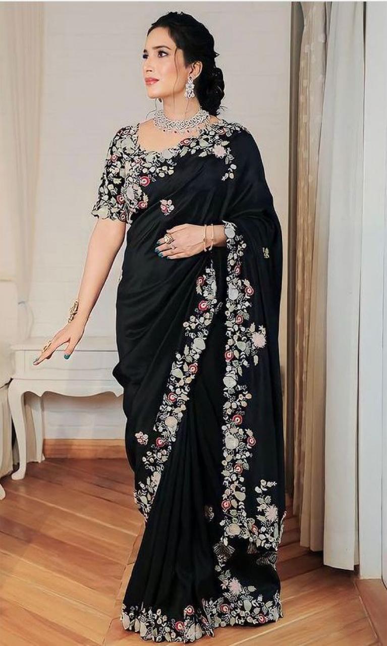 Heavy Embroidery Party wear Women's Saree Black mahezon