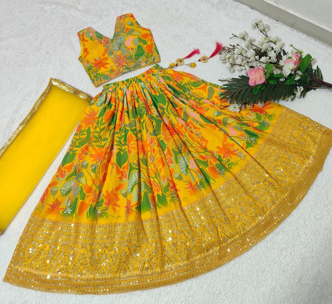 Party wear Sequin Embroidery Kids Girl Lehenga Choli Dupatta Yellow mahezon