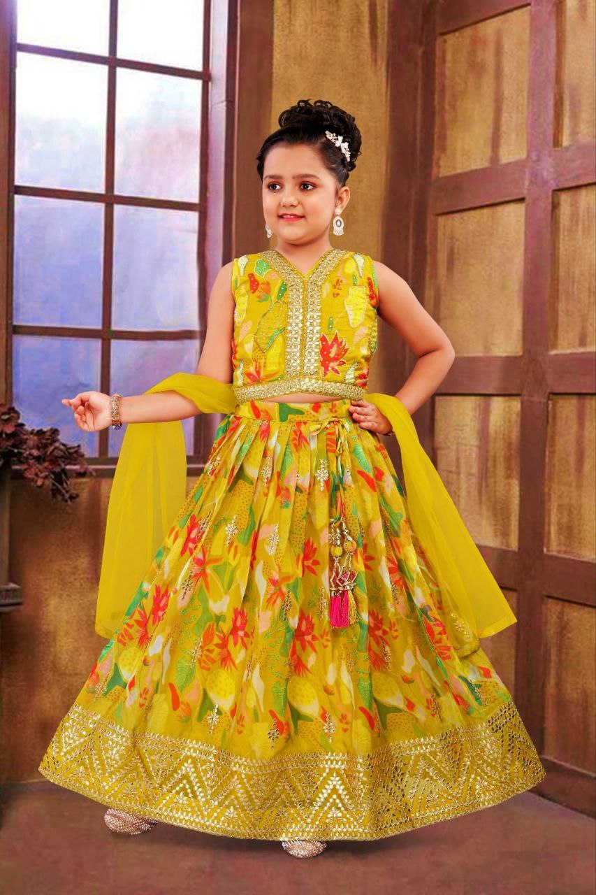 Party wear Sequin Embroidery Kids Girl Lehenga Choli Dupatta Yellow mahezon