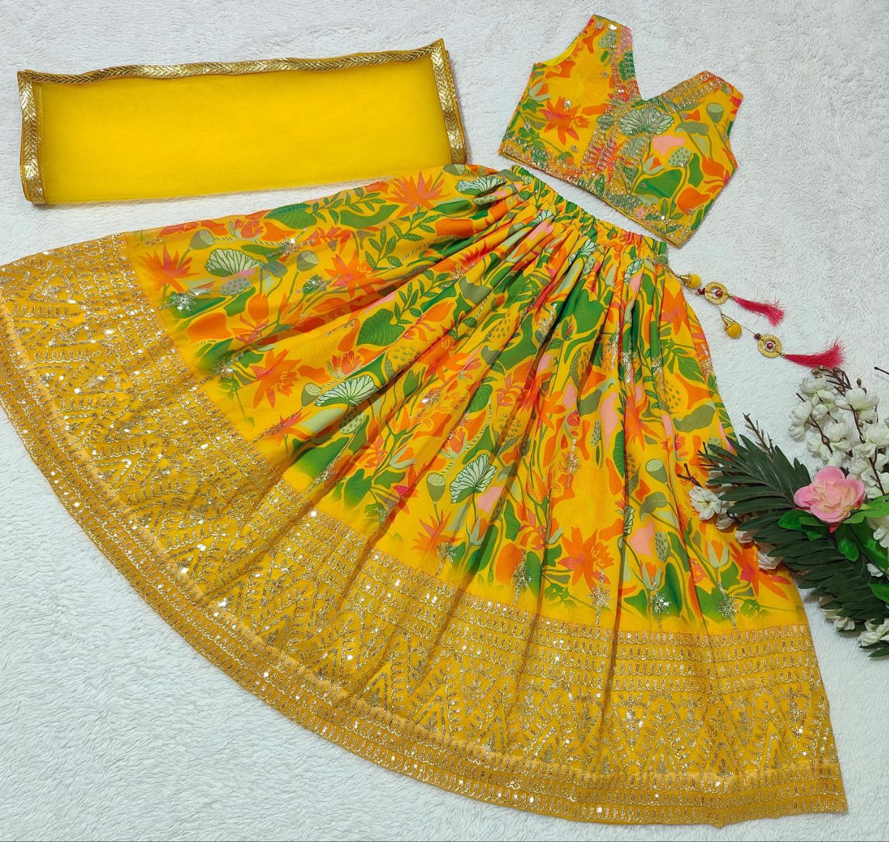 Party wear Sequin Embroidery Kids Girl Lehenga Choli Dupatta Yellow mahezon