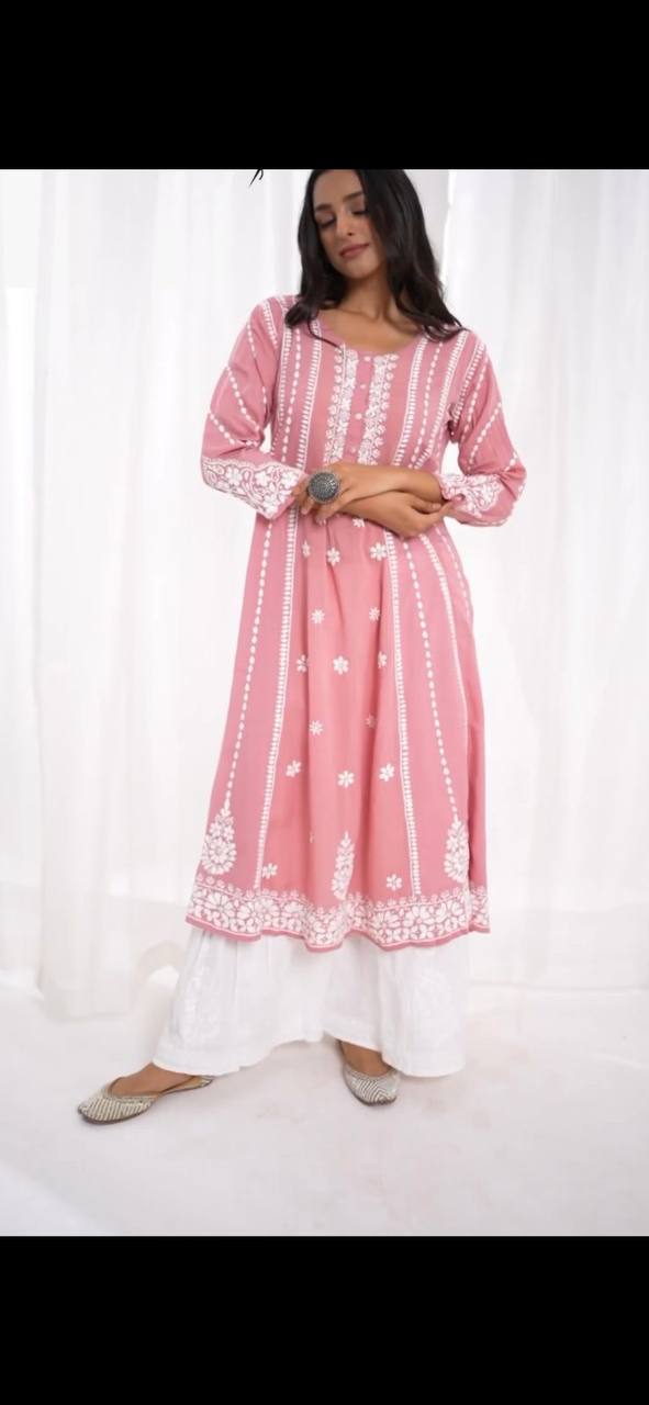 Embroidery Party wear Women Kurta Plazo Suit Pink mahezon