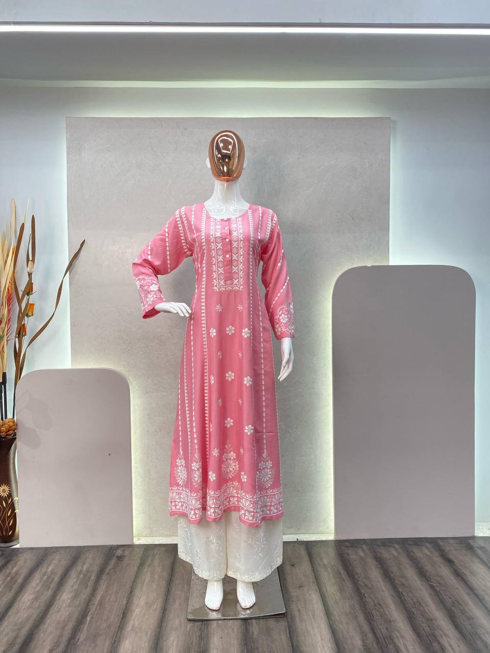 Embroidery Party wear Women Kurta Plazo Suit Pink mahezon
