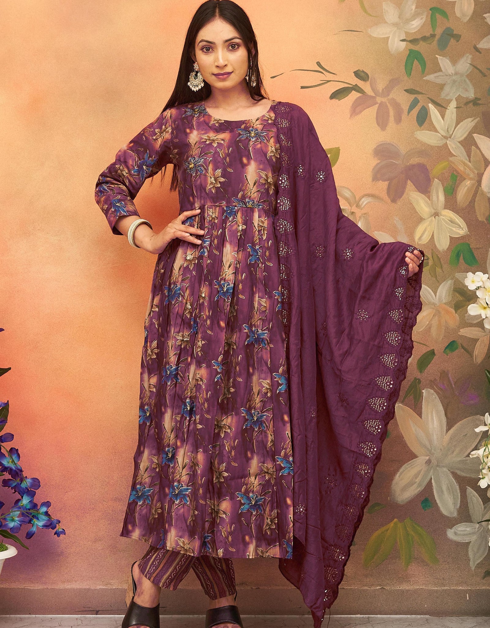 Purple Party wear Chanderi Women Kurta suit mahezon