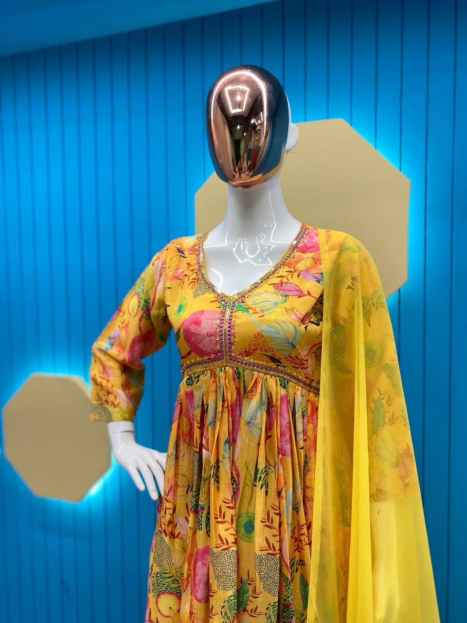 Party Wear Yellow Women Gown Pant with Dupatta Suit mahezon