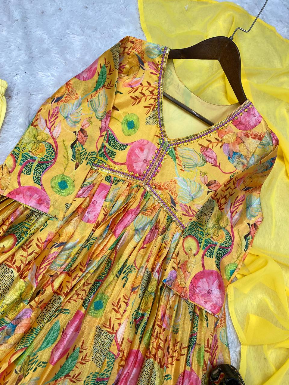 Party Wear Yellow Women Gown Pant with Dupatta Suit mahezon