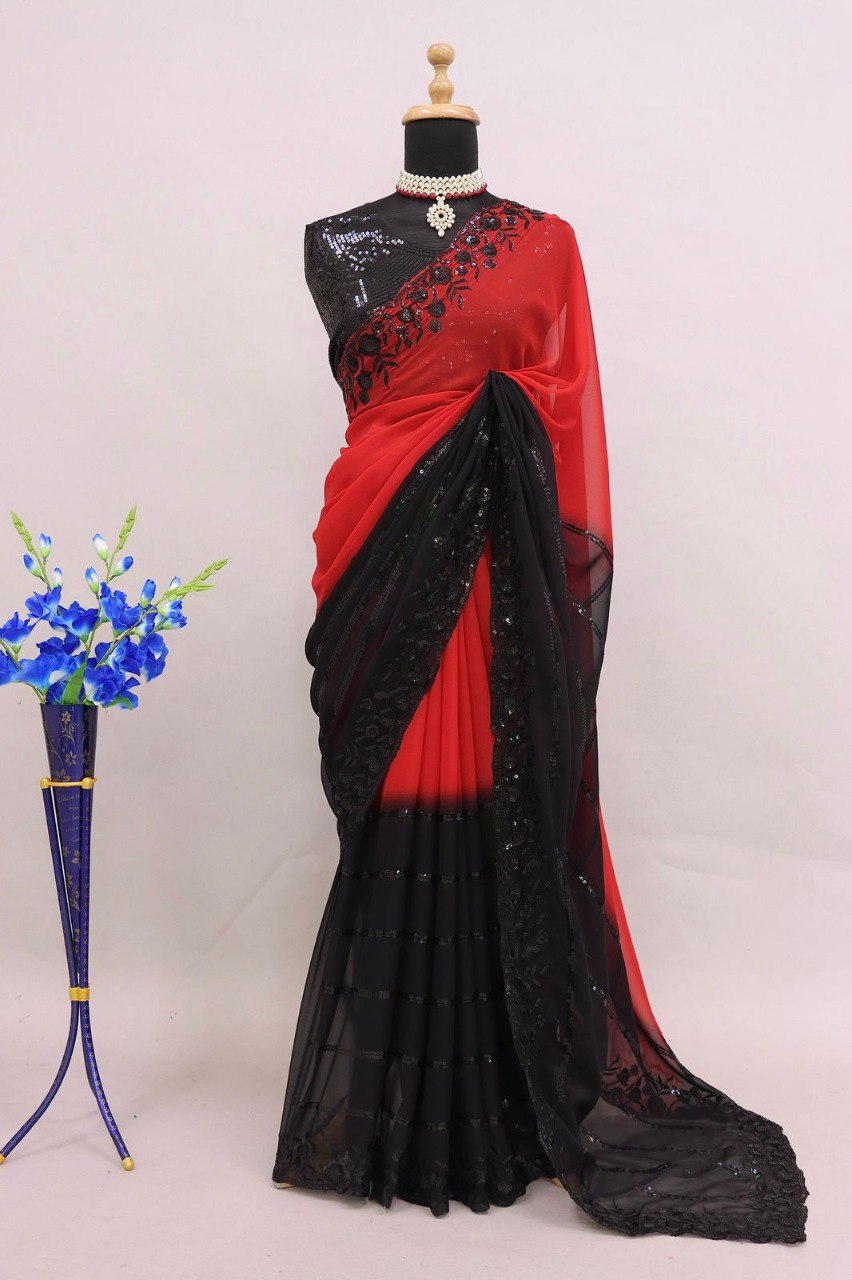 Embroidery Party wear Sequins Black Women Saree mahezon