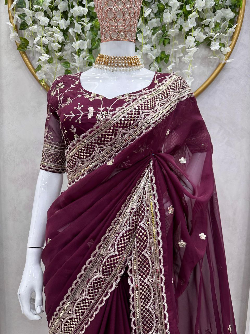 Designer Party Wear Wine Women's Saree mahezon