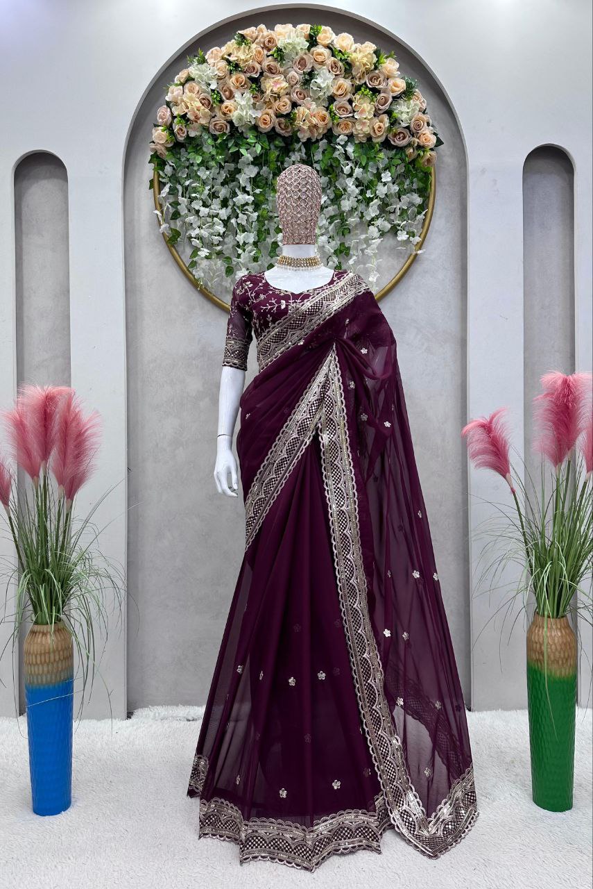 Designer Party Wear Wine Women's Saree mahezon