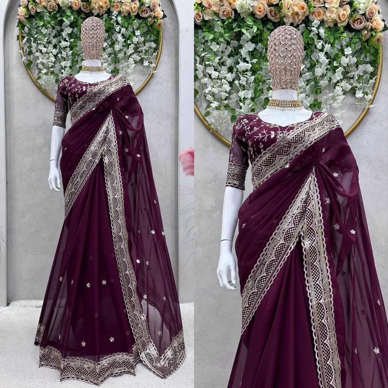 Designer Party Wear Wine Women's Saree mahezon