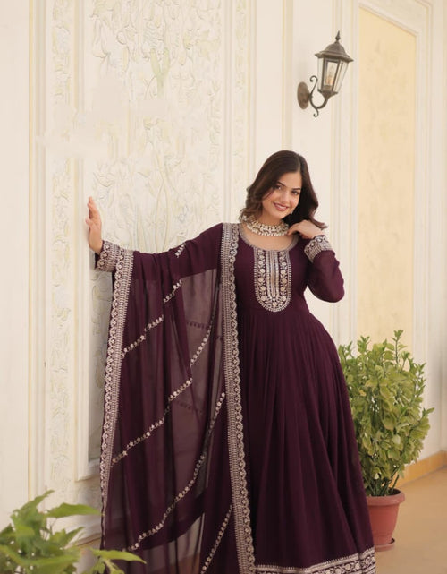 Load image into Gallery viewer, Embroidery Sequence Wedding wear Wine Women&#39;s Gown Dupatta Suit mahezon
