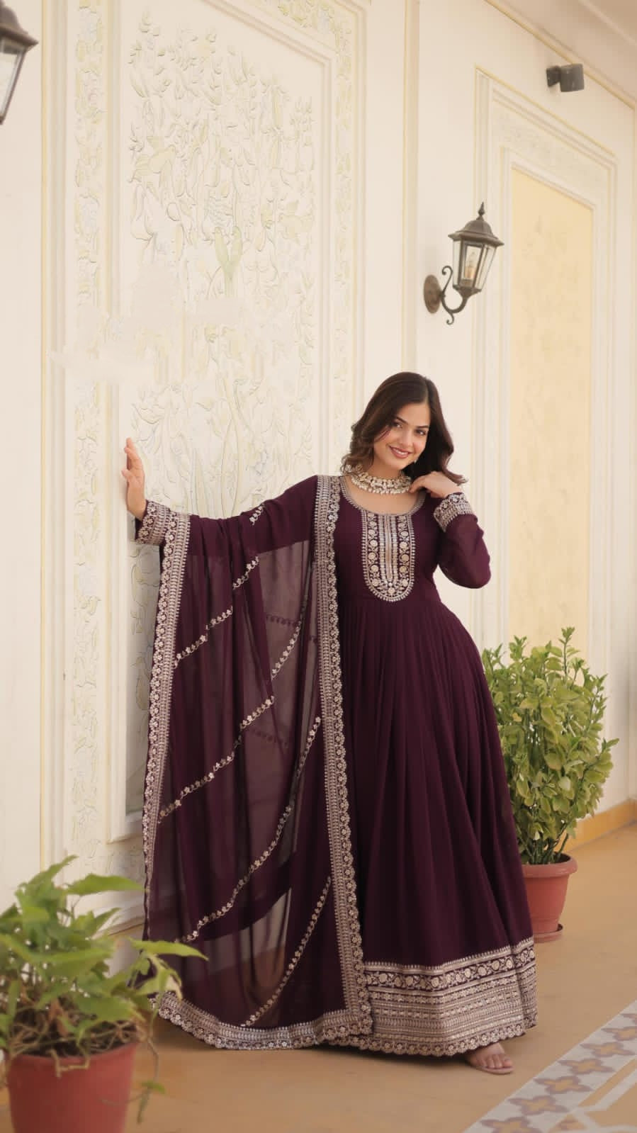 Embroidery Sequence Wedding wear Wine Women's Gown Dupatta Suit mahezon