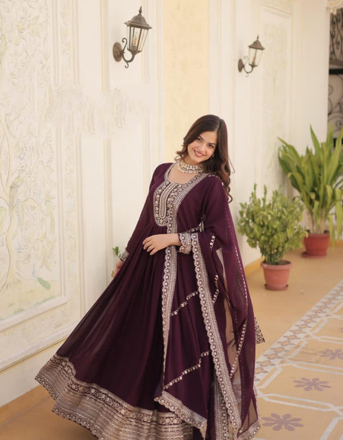 Load image into Gallery viewer, Embroidery Sequence Wedding wear Wine Women&#39;s Gown Dupatta Suit mahezon
