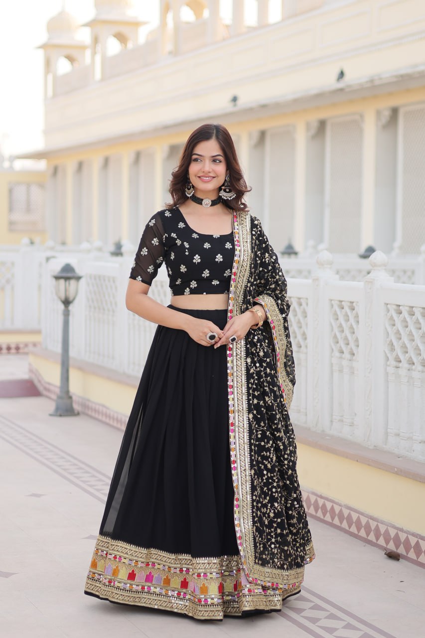 Embroidery Party wear Black Women's Lehenga Blouse Dupatta Suit mahezon