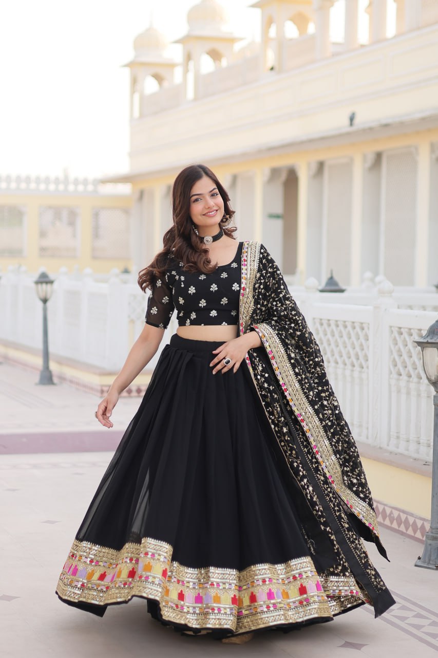 Embroidery Party wear Black Women's Lehenga Blouse Dupatta Suit mahezon