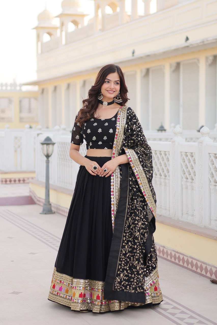 Embroidery Party wear Black Women's Lehenga Blouse Dupatta Suit mahezon